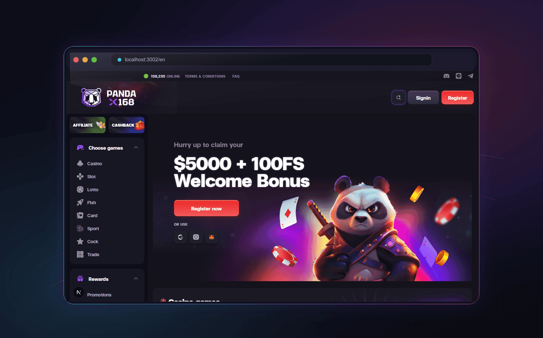 PANDA168 casino homepage mockup